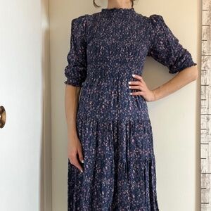 Puff sleeve smocked midi dress floral blue
